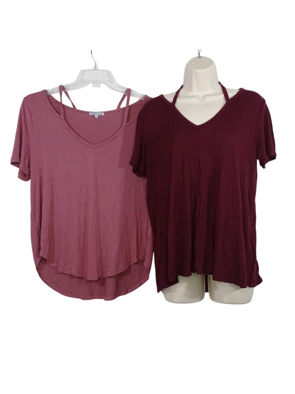 Lot of 2 Charlotte Russe V-Neck Jersey Knit Tops Women Size L Red Mauve Strappy